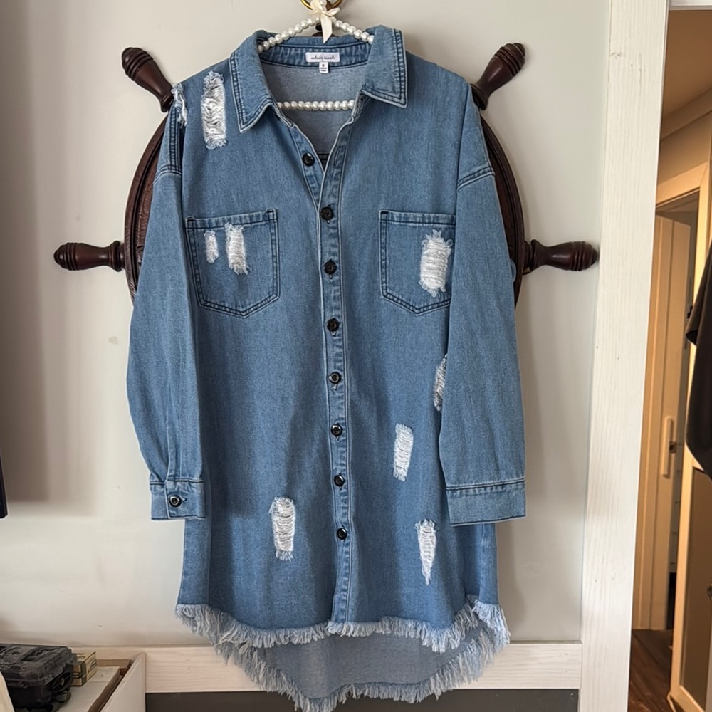 Distressed Denim Button-Up Shirt